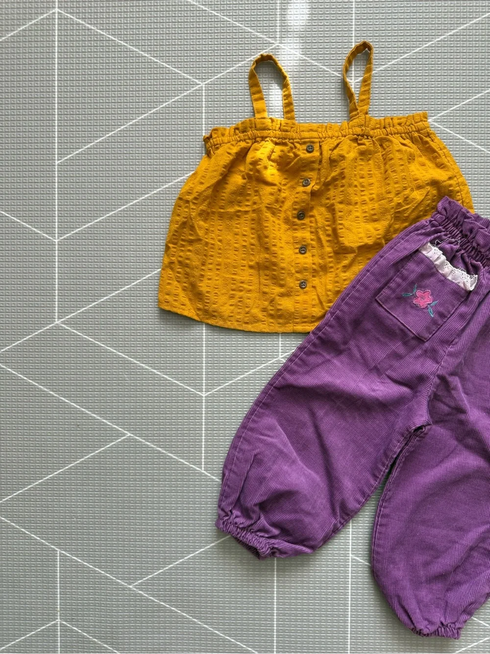 Vintage|Baby girl set,Mustard Yellow button Tank & corduroy pants-lace & floral•